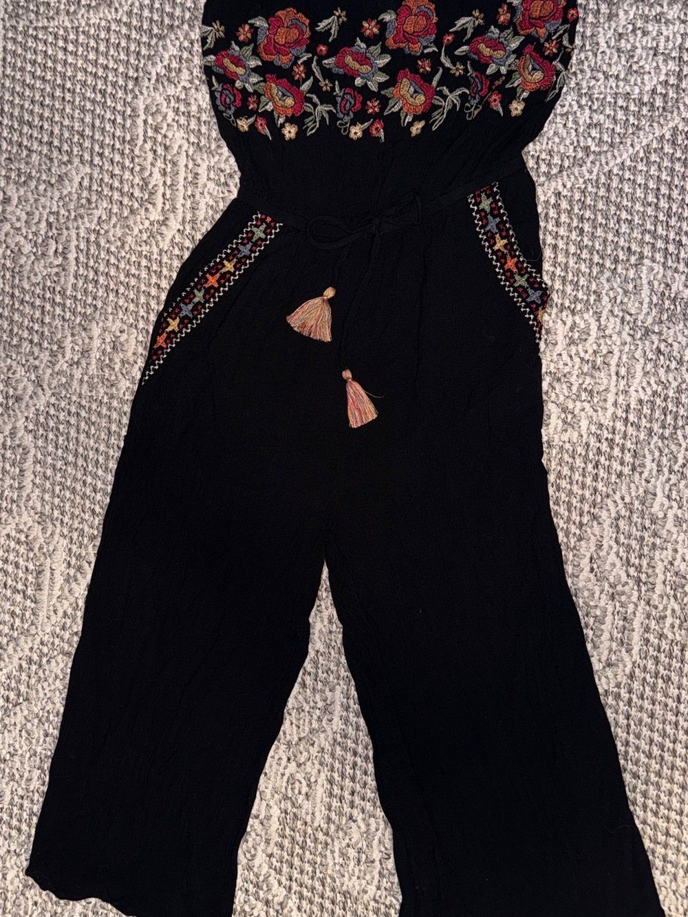 American Eagle Outfitters Black Embroidered Floral Jumpsuit with Tassels